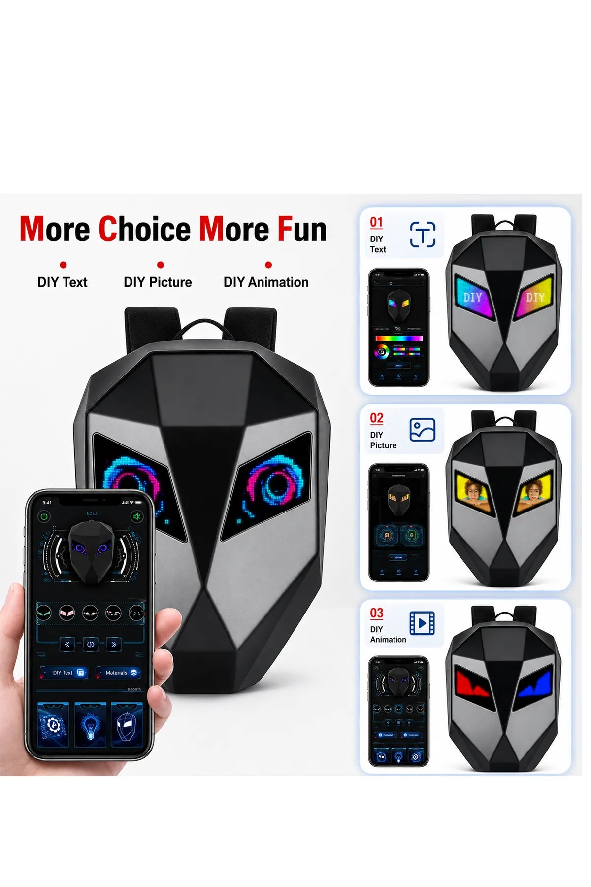 App-controlled LED backpack supporting custom text, images, and animated displays through a smartphone application.