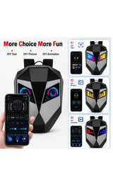 App-controlled LED backpack supporting custom text, images, and animated displays through a smartphone application.