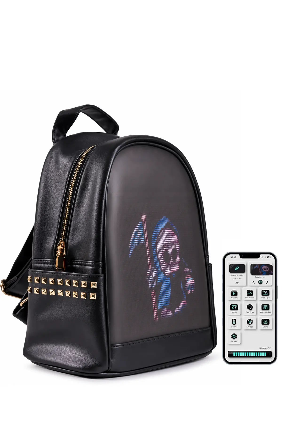 Black Leather LED Backpack Side View with Studded Design