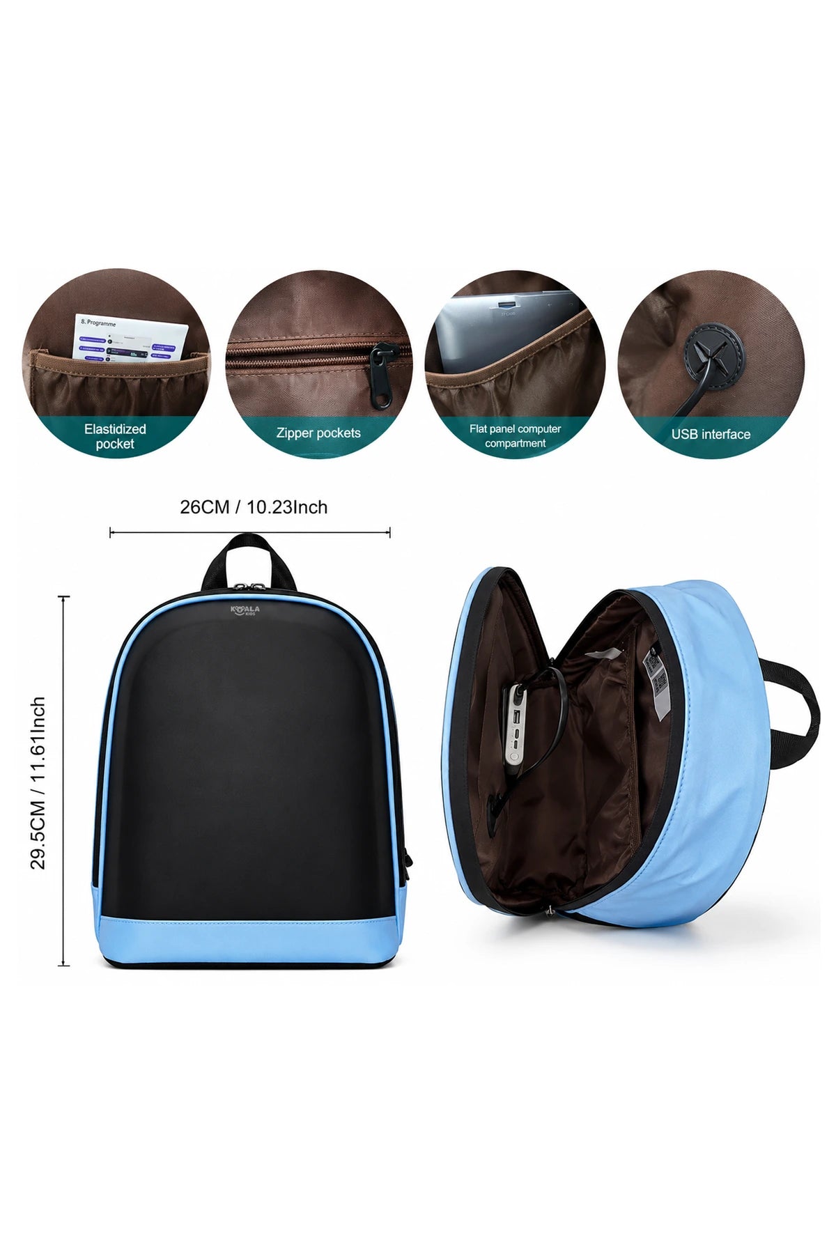 Blue LED Backpack with USB Charging Port, Storage Compartments and Product Dimensions