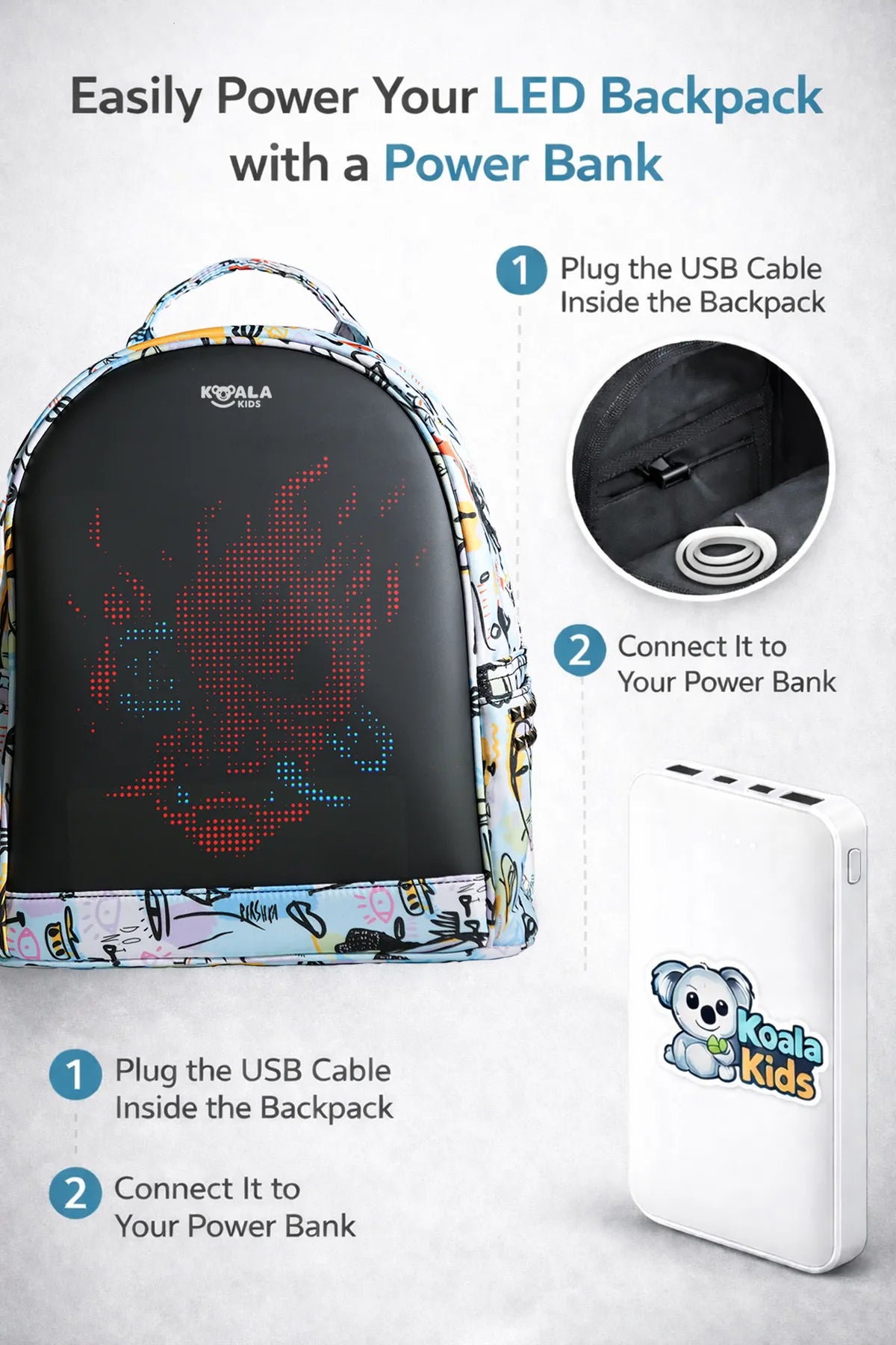 LED Backpack Power Bank Connection Guide Showing USB Cable Setup and External Battery Use