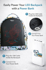 LED Backpack Power Bank Connection Guide Showing USB Cable Setup and External Battery Use