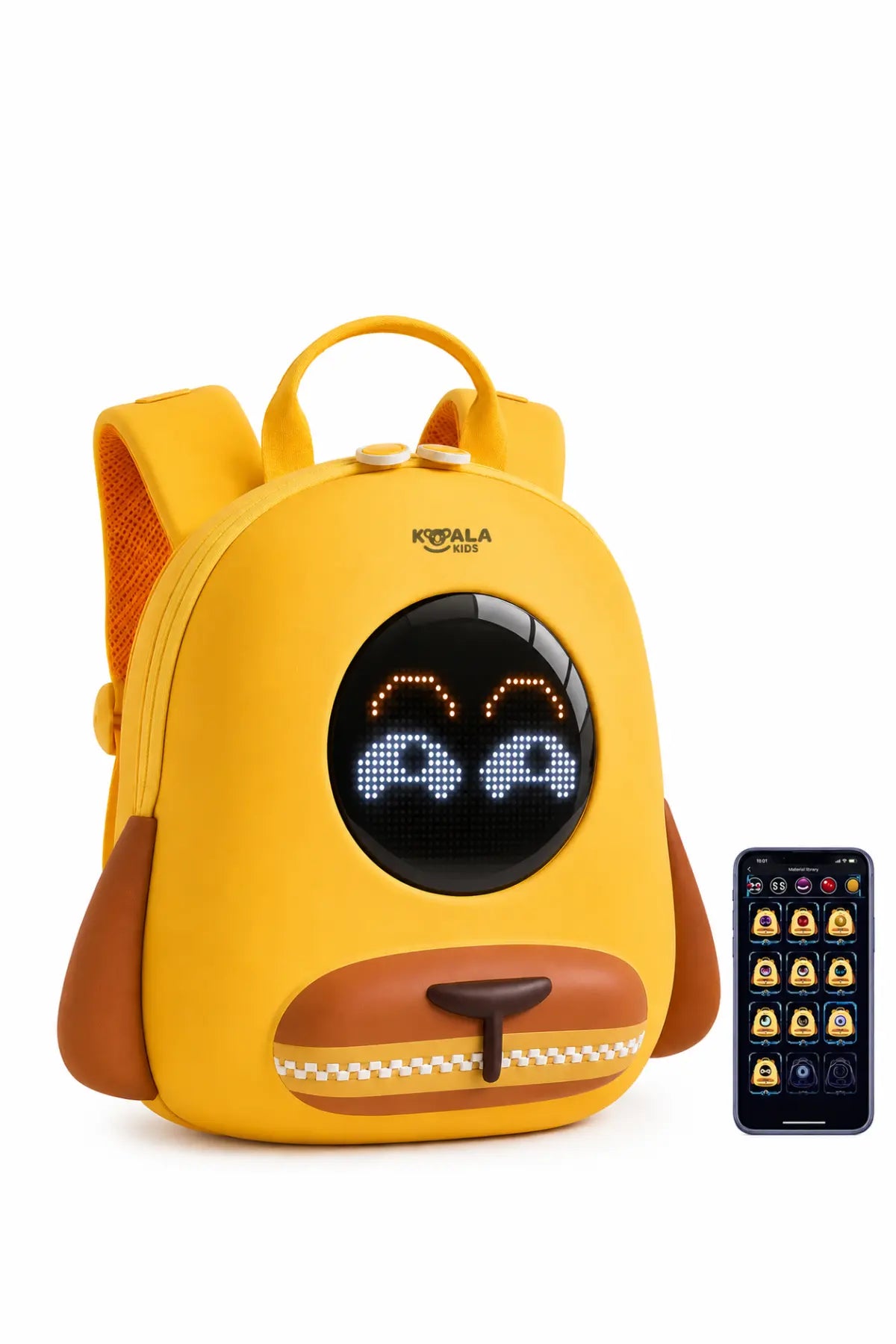 A yellow Koala electronic robot backpack with a black LED face