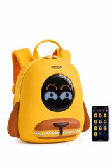 A yellow Koala electronic robot backpack with a black LED face