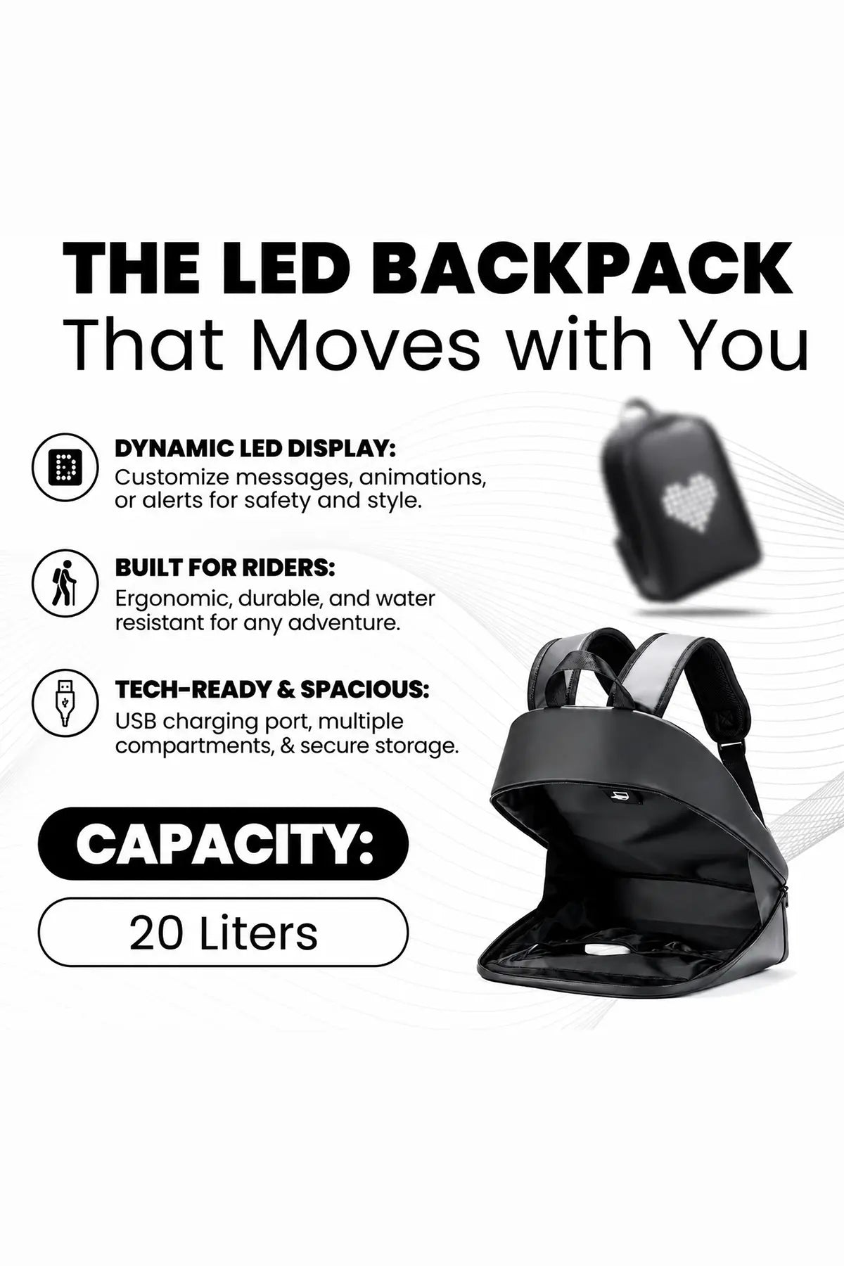 LED Motorcycle Backpack with 20 Liter Capacity, USB Charging Port, Dynamic LED Display and Spacious Storage