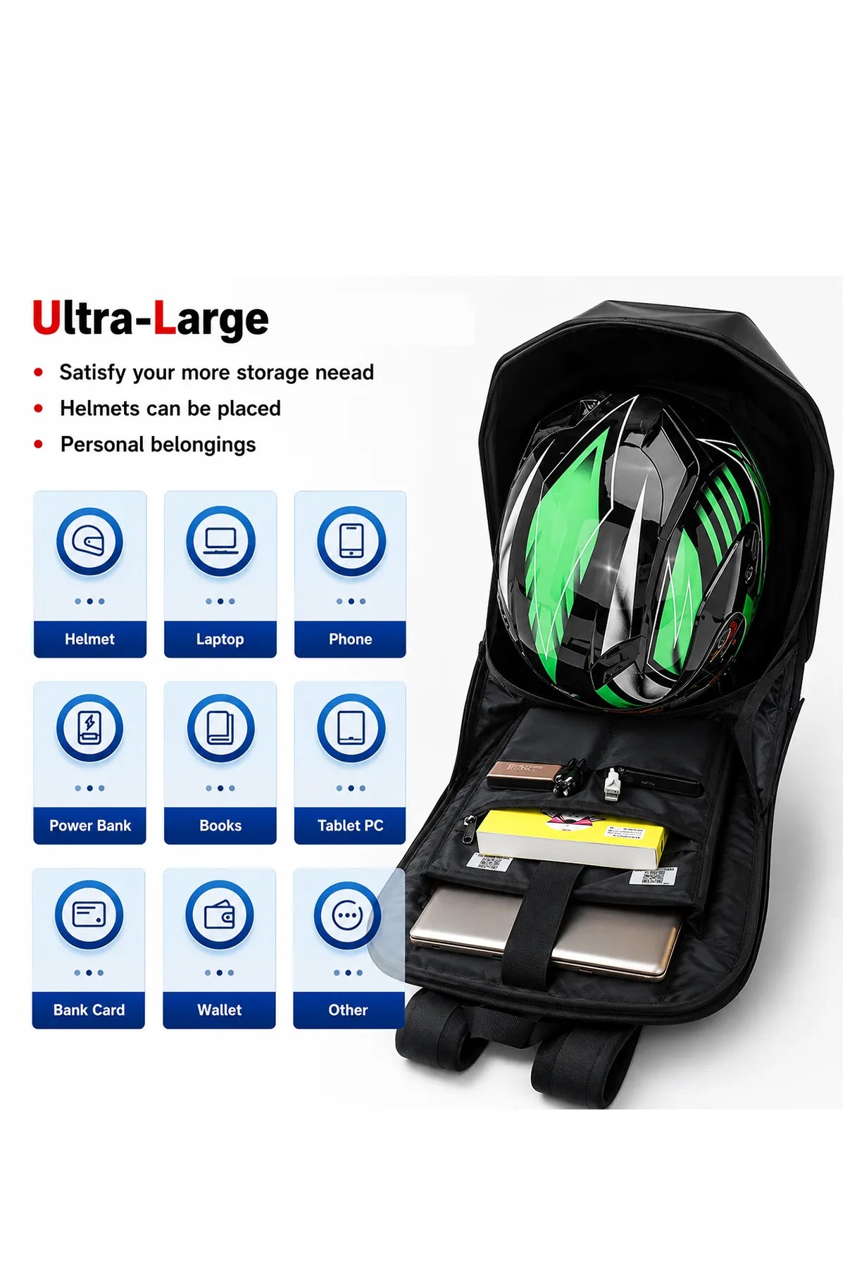 Large capacity LED motorcycle backpack with space for helmet, laptop, books, tablet, power bank, wallet, and personal belongings.