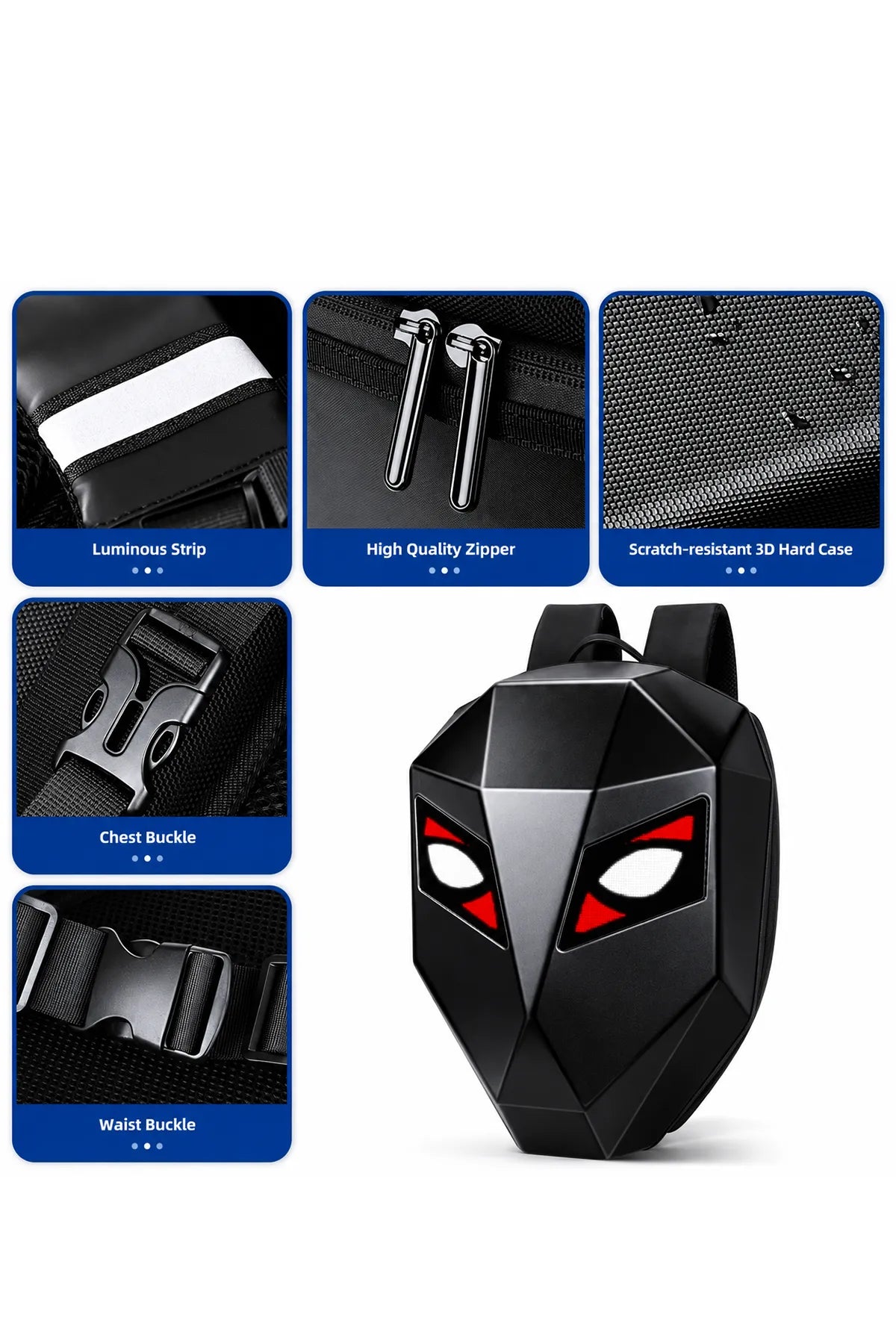 Premium LED motorcycle backpack featuring hard shell design, reflective strip, durable zipper, chest buckle, and waist buckle.