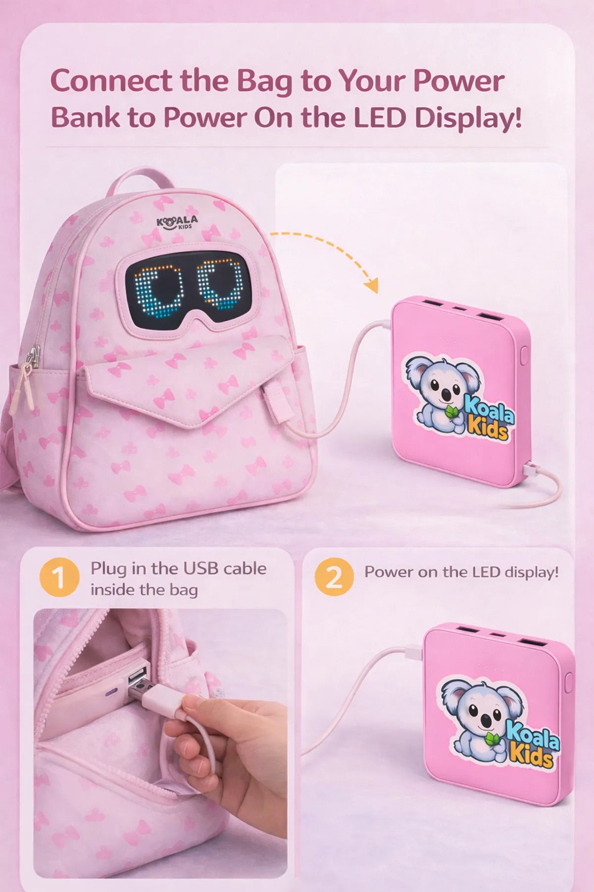 Pink Girls LED Backpack Connected to Power Bank for Programmable LED Display