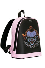 Pink Smart LED Backpack Displaying Custom Clown Animation on Programmable Screen